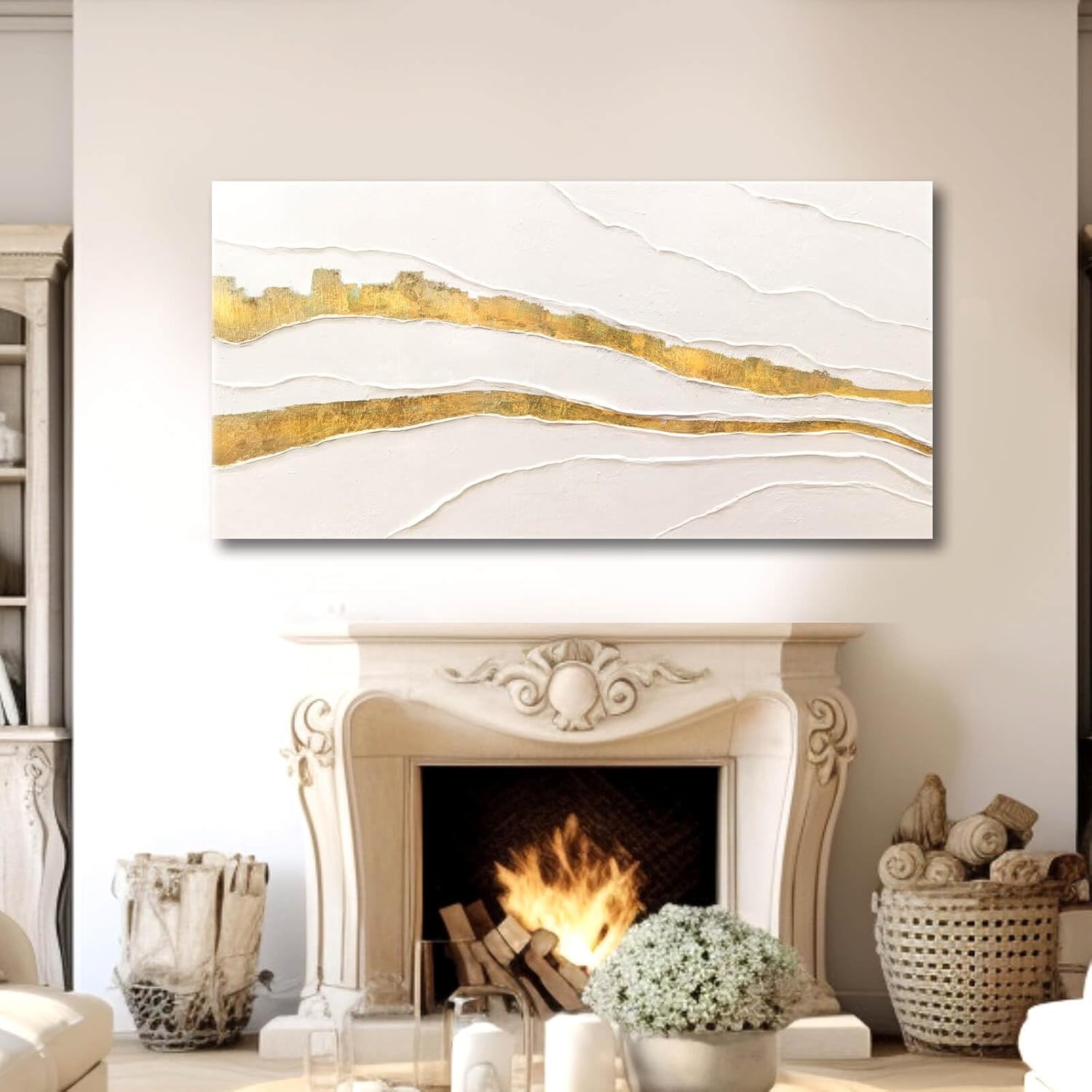 VAYIMDH Canvas Abstract Art White Large Wall Decorations for Living Room Gold Foil Abstract Wall Hanging Oil Painting for Office 29"x 58" Home Decor - Image 5