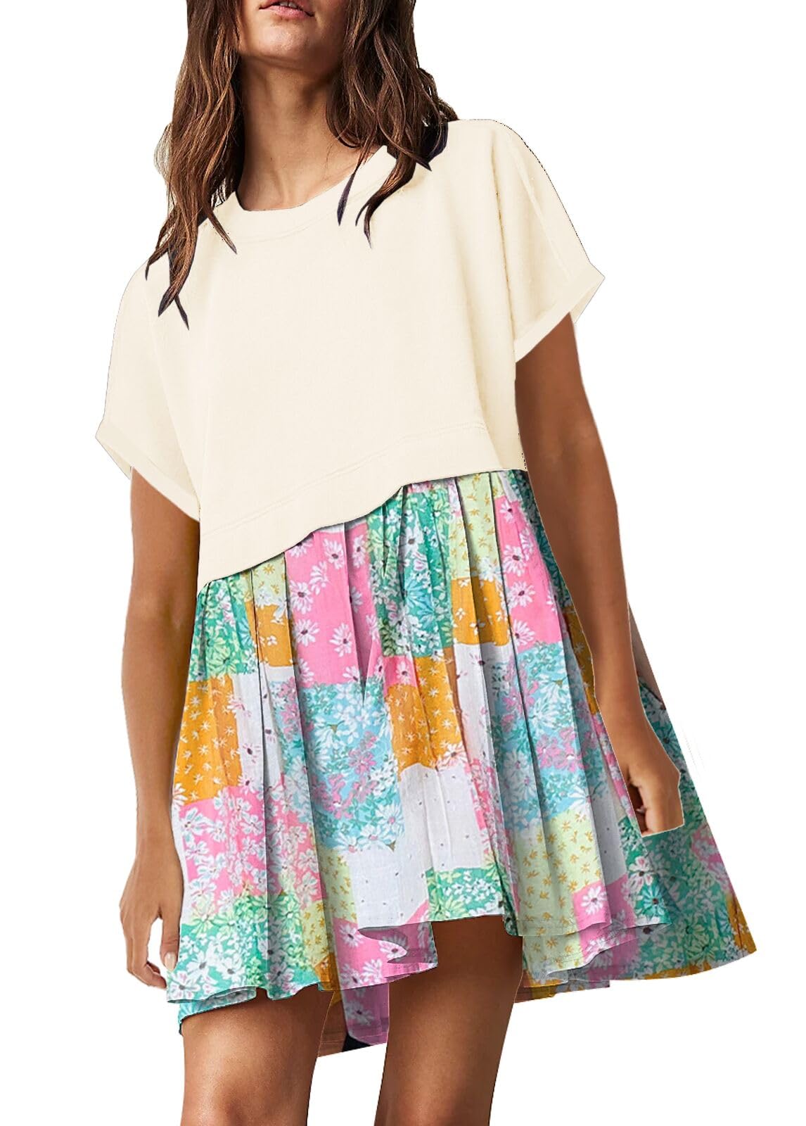 SAUKOLE Womens Summer Crew Neck Short Sleeve Dress Patchwork Pleated A Line Beach Mini Dress