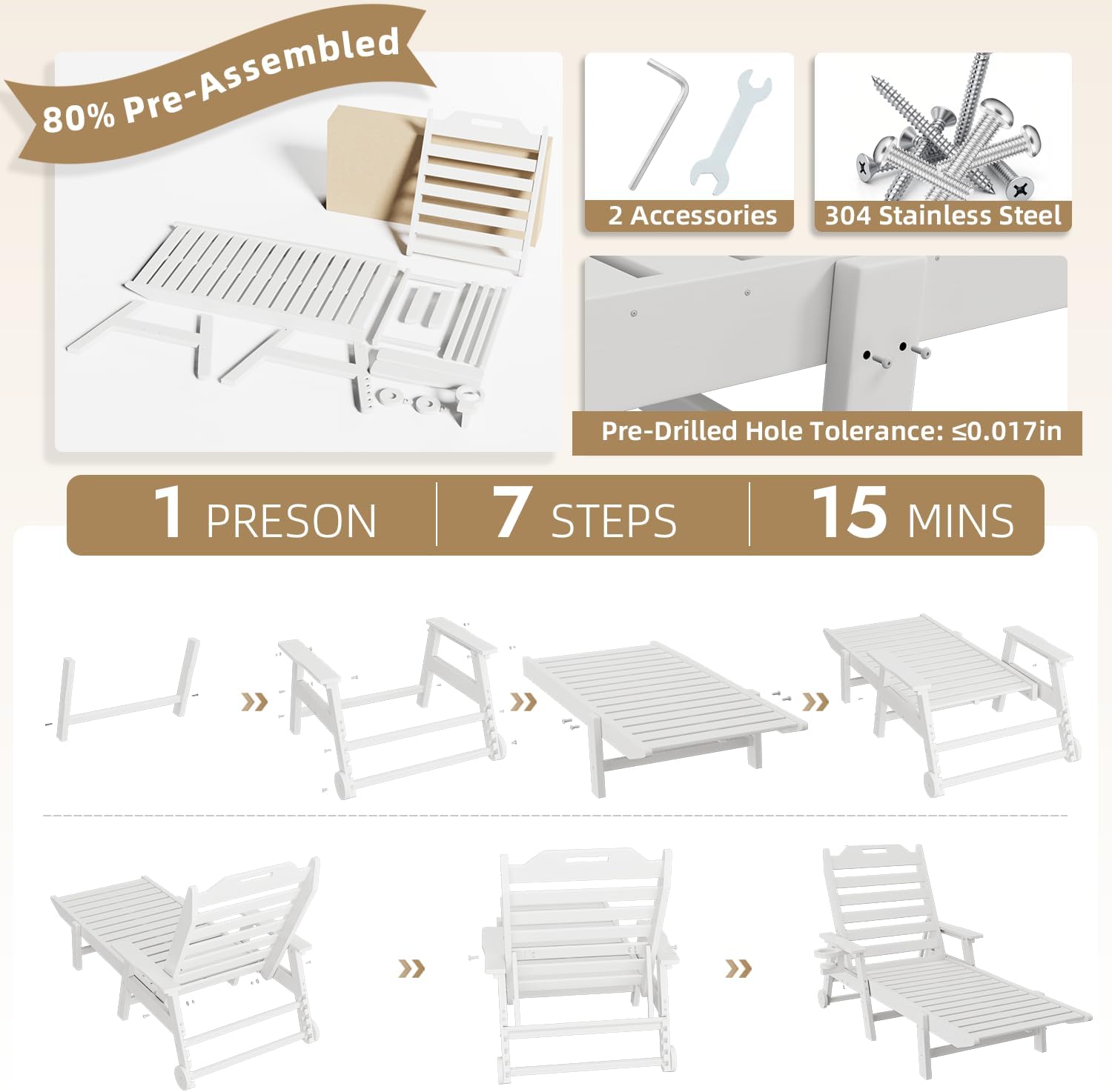 Mdeam 6-Position Pool Lounge Chairs Set of 2, 22" W Oversized Sun Tanning Chair, 500LBS Capacity, HDPE All-Weather Patio Lounge Chaise with Wheels Cup Holder for Pool Beach Backyard Deck, White