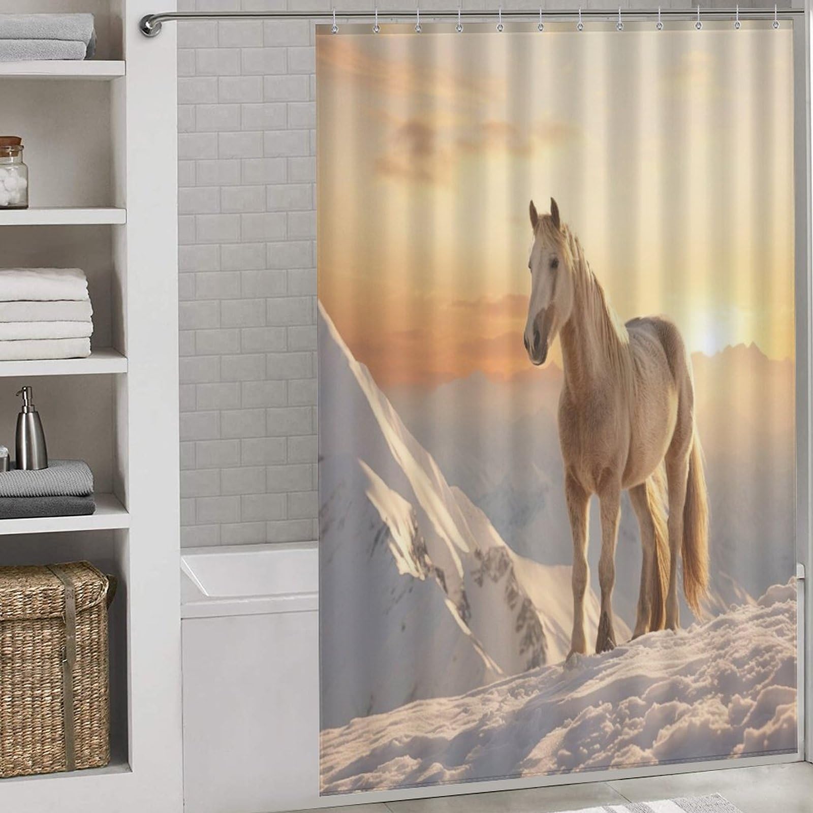 Rideau de douche en polyester de qualité supérieure motif cheval avec ses anneaux