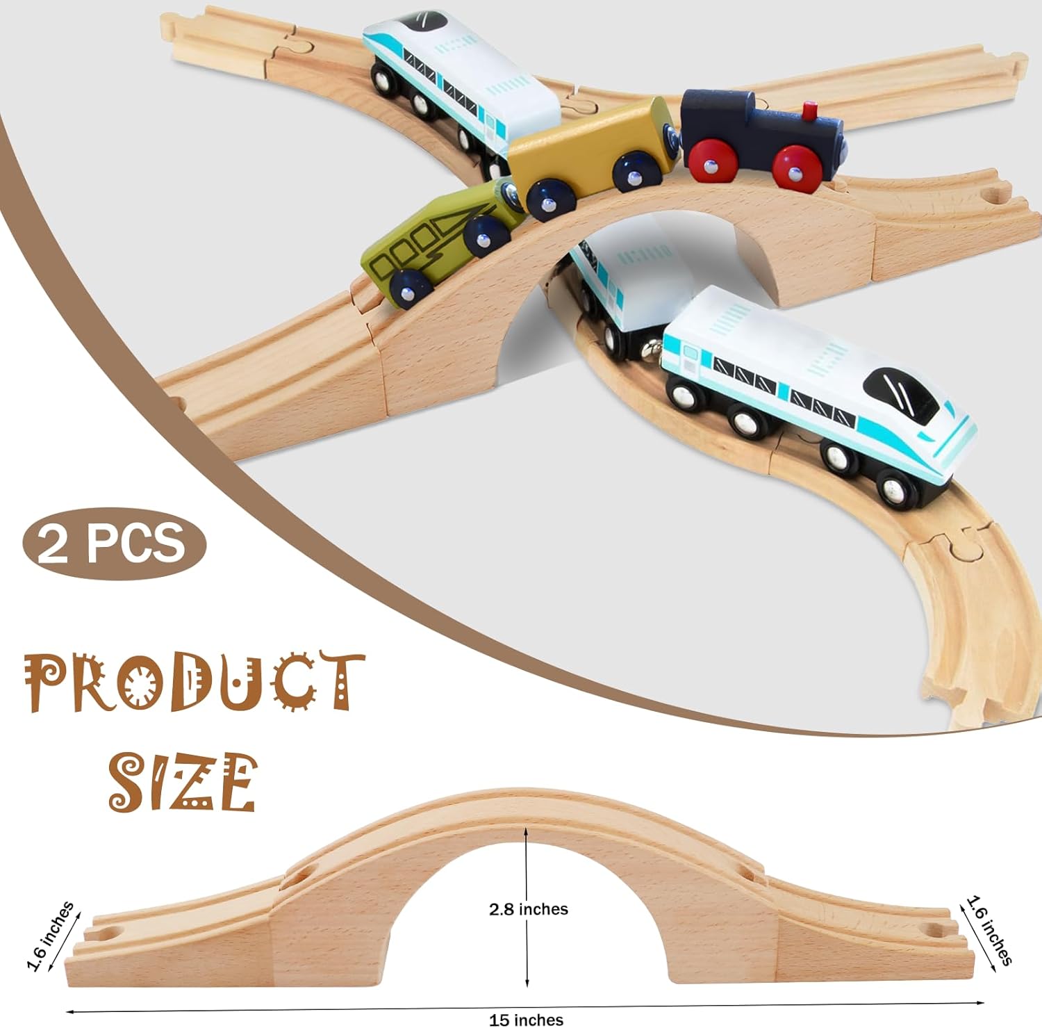 2 Pack Wood Train Track Extension Wooden Train Bridge Track Wooden Railway Bridge Accessories Wood Railroads Connectors Compatible with Most Toy Railroads for Birthdays Holiday
