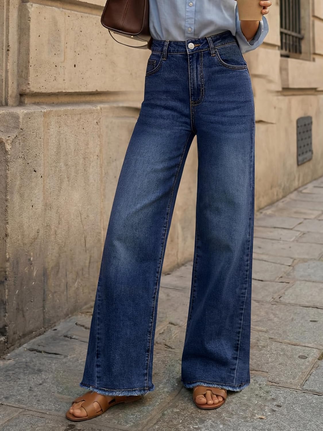 Trendy Queen Women's Wide Leg Jeans, Relaxed Loose Straight Leg with Raw Hem, Comfort Denim Pants