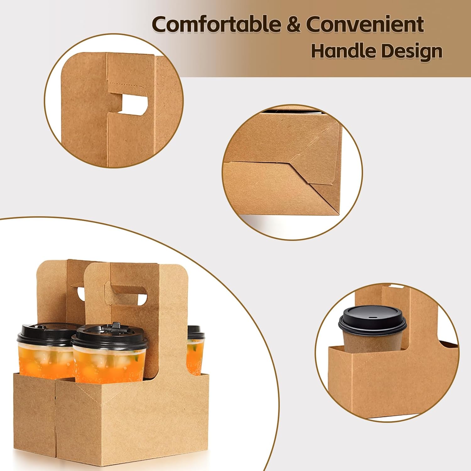 50 Pack 2 Cup Kraft Drink Carrier with Handle, 2 or 4 Cup Kraft Paperboard Drink Carrier Disposable to Go Coffee Cup Holder for Hot or Cold Drinks, Food Delivery, Cafe - Image 5