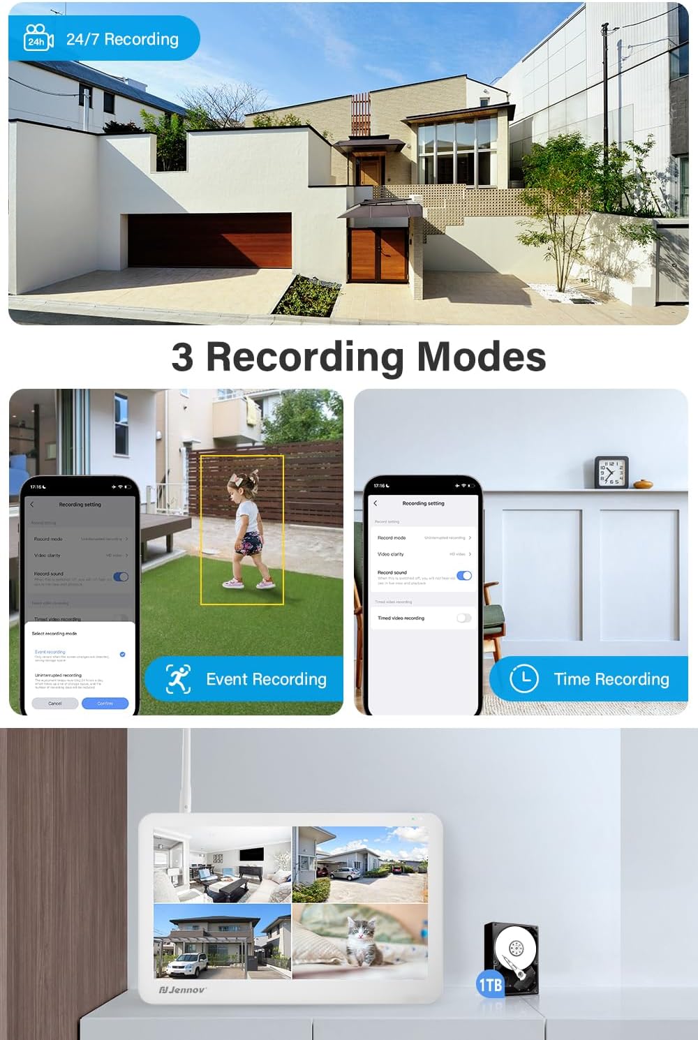 Three recording modes: 24/7, Event, Time