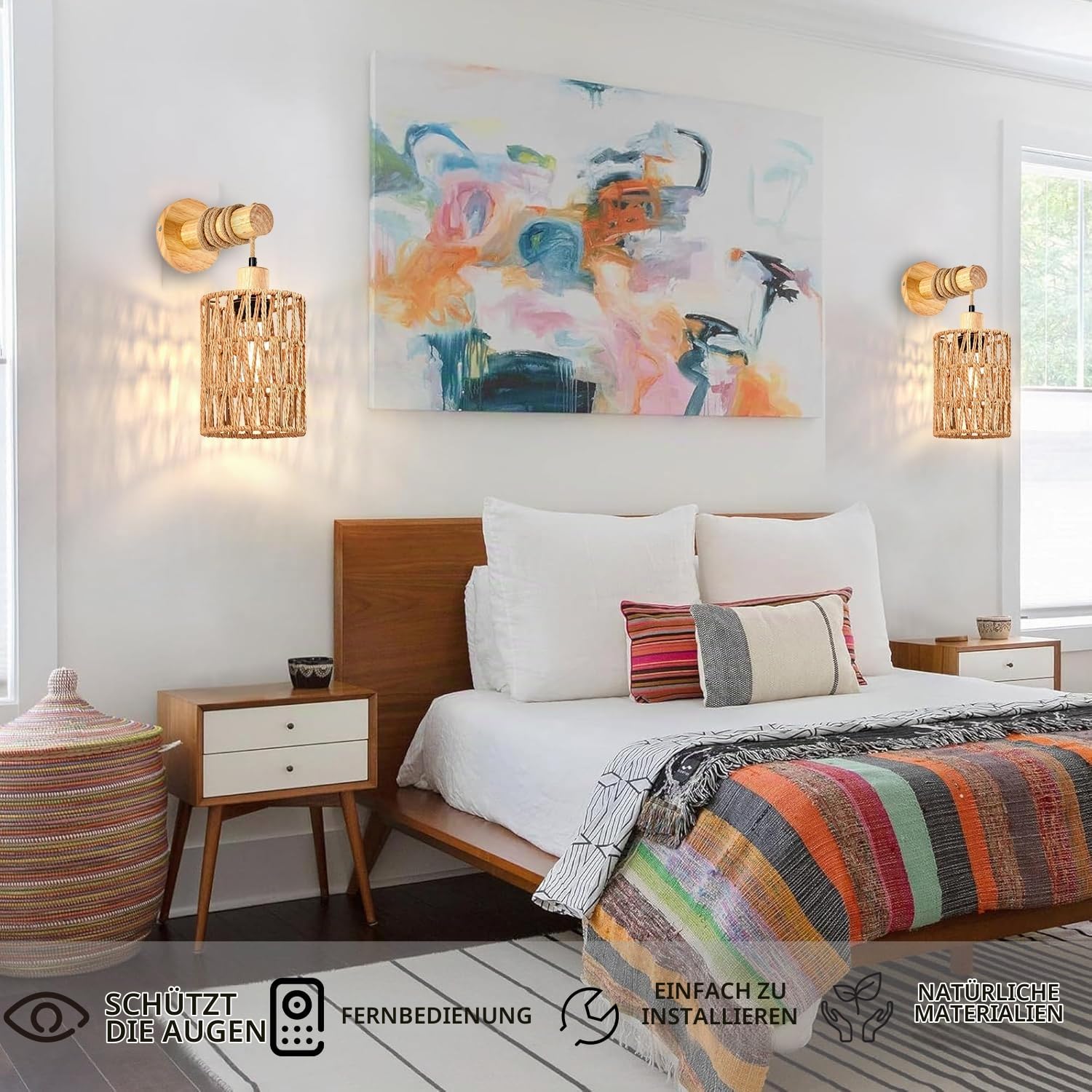 2 Stück Innen Wandleuchte mit Fernbedienung Akku Glühbirne Holz Vintage Wandlampe RGB Dimmable Nachttischlampe E27 Retro Bambus Laterne Rustikal Wandlampe für Wohnzimmer Schlafzimmer Treppen Flur