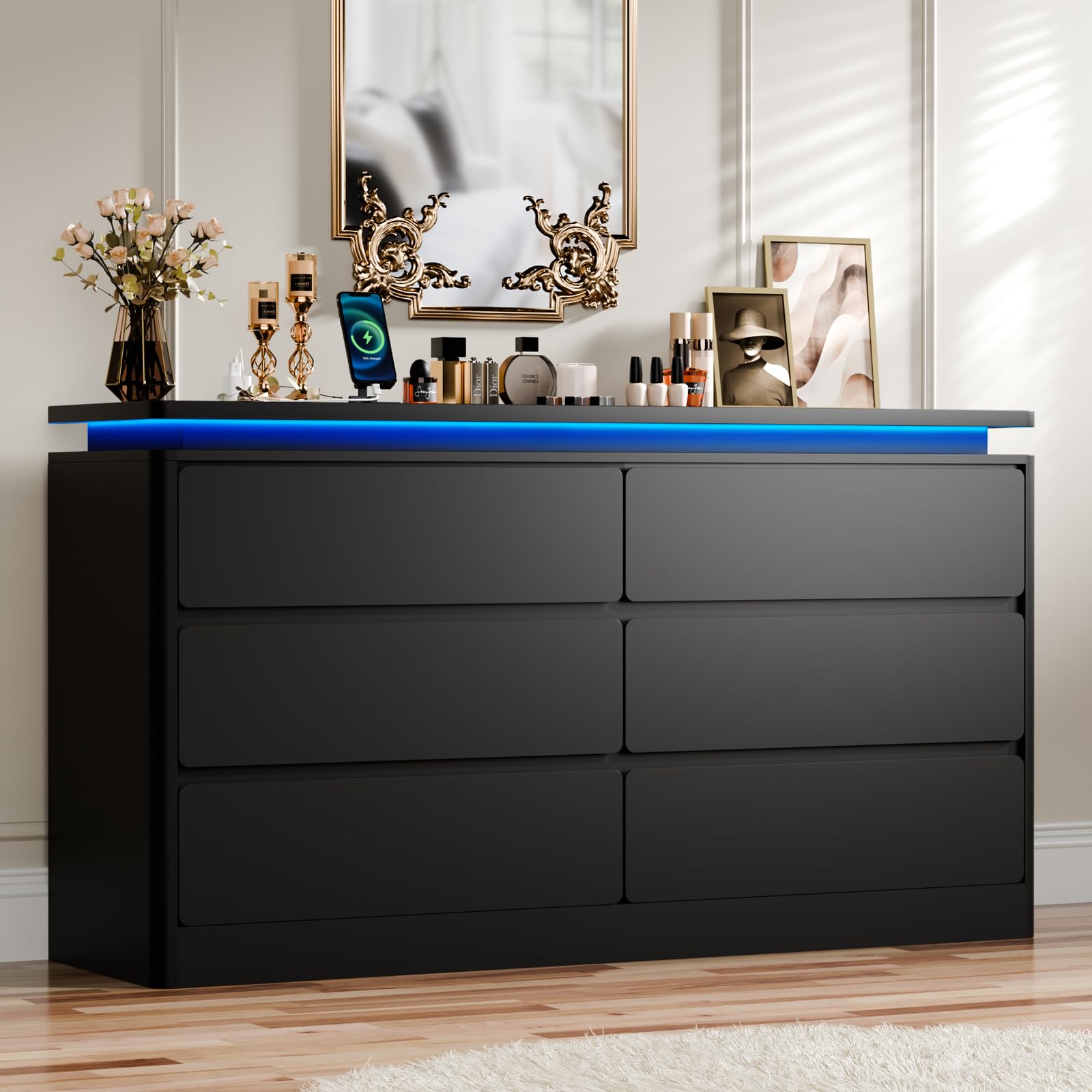 6 Drawer Dresser for Bedroom, 47.2" Long Black Chest of Drawers with Charging Station & LED Lights,Curved Profile Design,Double Wooden Closet Storage