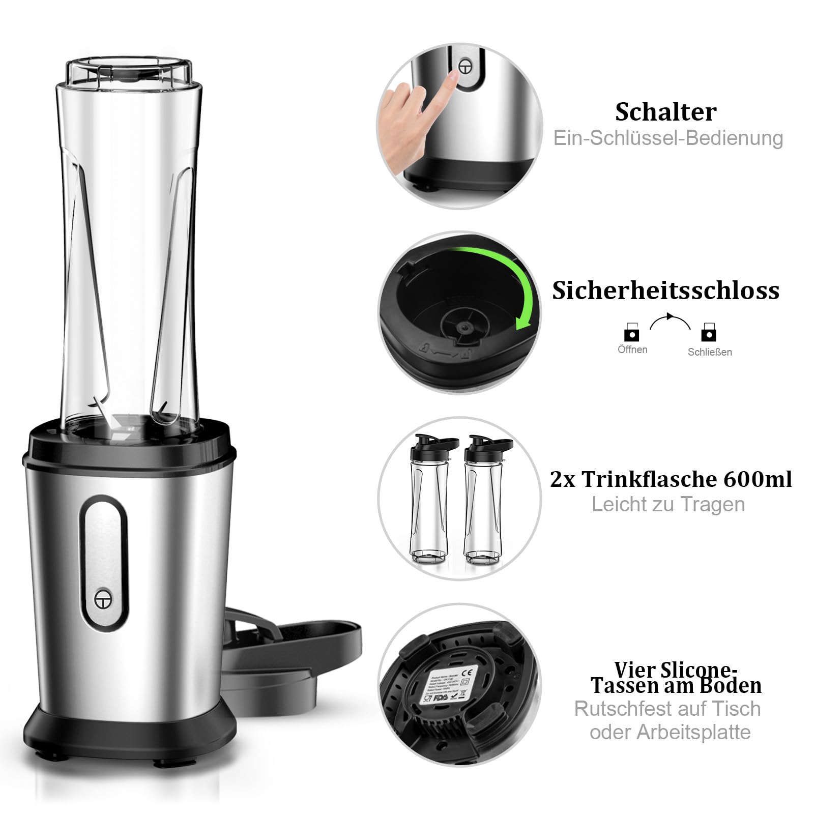Mixer, 500W Mini Standmixer & Smoothie Maker mit 2x600ml Flaschen BPA frei Tritan, Tragbarer Mixer Smoothie Maker aus Edelstahl 4-Blatt für Shake, Smoothie, Silber (Silber)
