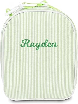 MT WORLD Personalized Lunch Bag Tote Custom Embroidery Name Reusable Seersucker Stripe Pattern Insulated Lunch Box