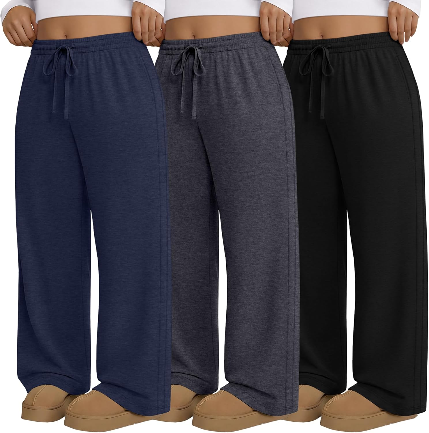 3 Pack Women's Plus Size Pants, Drawstring Wide Leg High Waist Sweatpants Loose Cas...