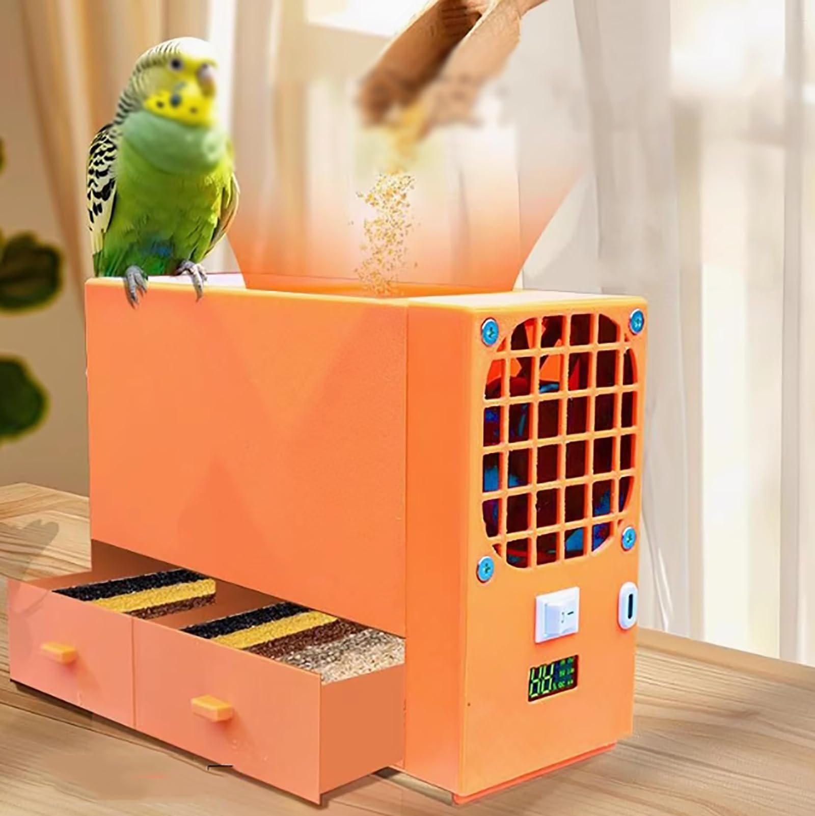 Vogelfutter-Blasmaschine, Effizienter Getreide-Futterspender mit Doppelschublade und Digitalanzeige für Hirse und verschiedene Körner