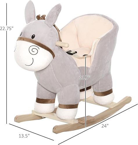 Miniatura 7 de Qaba Mecedora para niños, burro de caballo mecedora de felpa con sonido, asiento base de madera, cinturón de seguridad, juguete mecedor para bebés