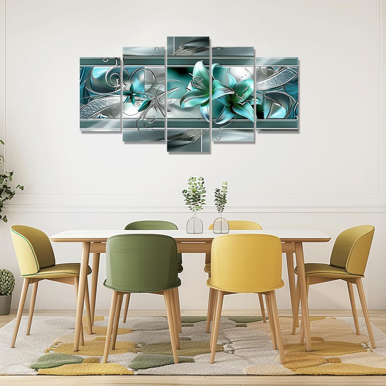 PBXBJY Lily Flower Wall Decor Teal Lilies Pictures 5 Piece Abstract Floral Painting Canvas Prints Large Contemporary Artwork Home Office Decor (Floral-4, (12"x20"x2 12"x30"x2 12"x40"x1))