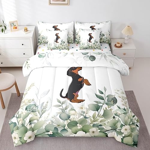 Erosebridal Cute Dachshund Full Comforter Set 7 Pieces for Kids Child Green Euca