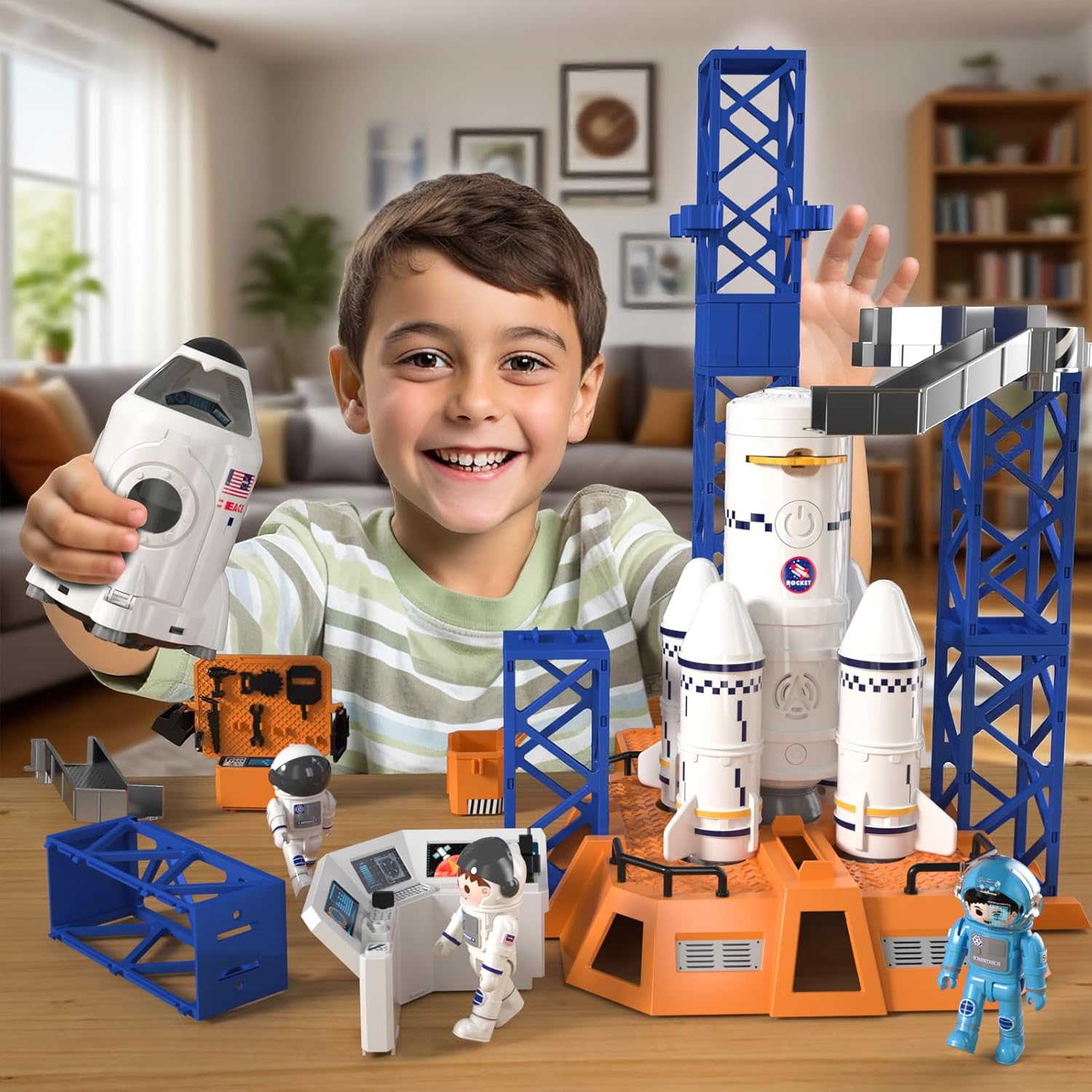Space Rocket Toys for Kids 3 4 5 6 7 8 Year Old Boys, Kids Spaceship and Rocket with Astronauts Figures and Rocket Launcher for Indoor Outdoor, Birthday Toy for Boys Girls Age 3-5
