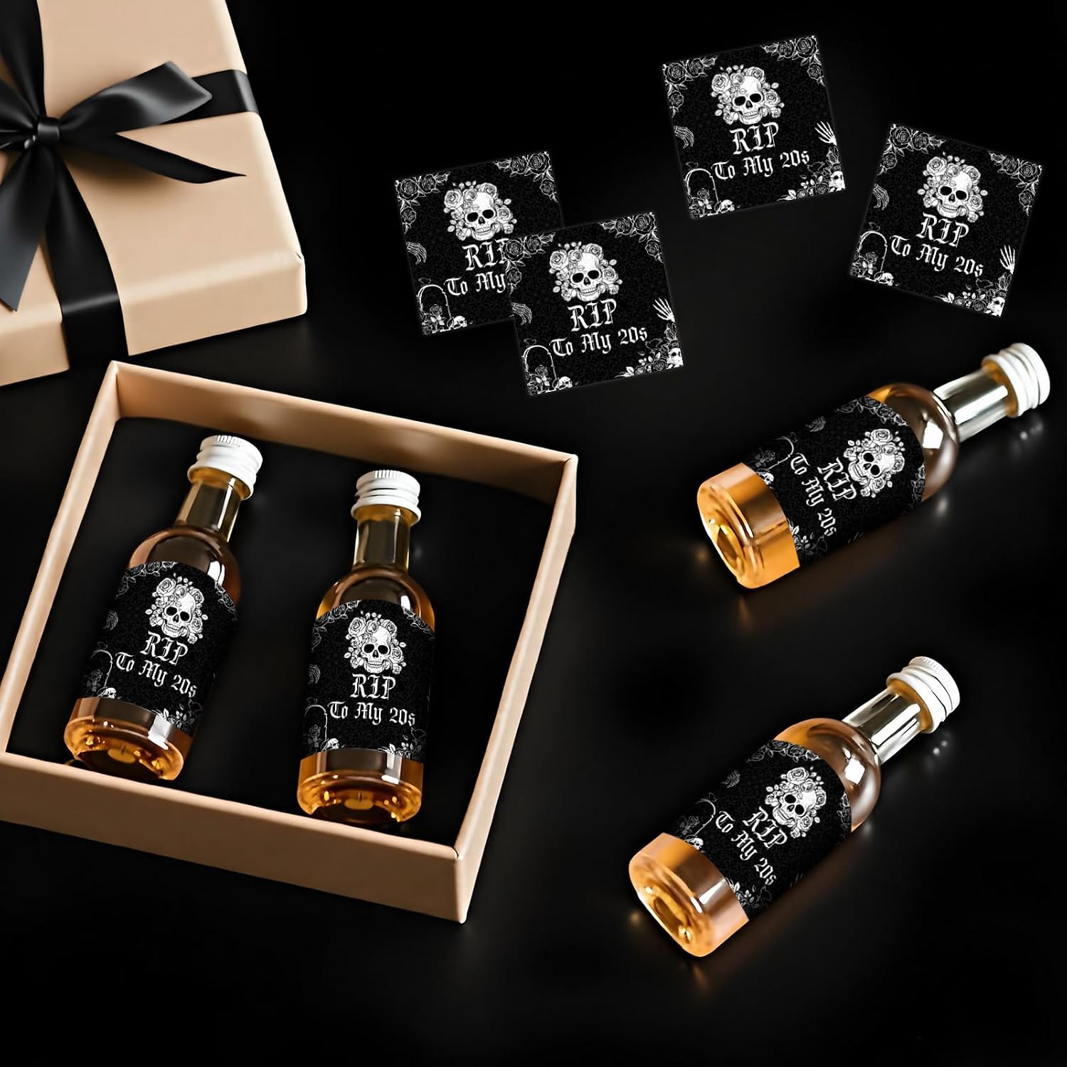 Gothic-Themed 30th Birthday Mini Wine & Champagne Bottle Labels Party Favors 50pcs – Rip To My 20s Mini Liquor Bottles Shot Glass Labels Stickers Happy Birthday Party Decorations