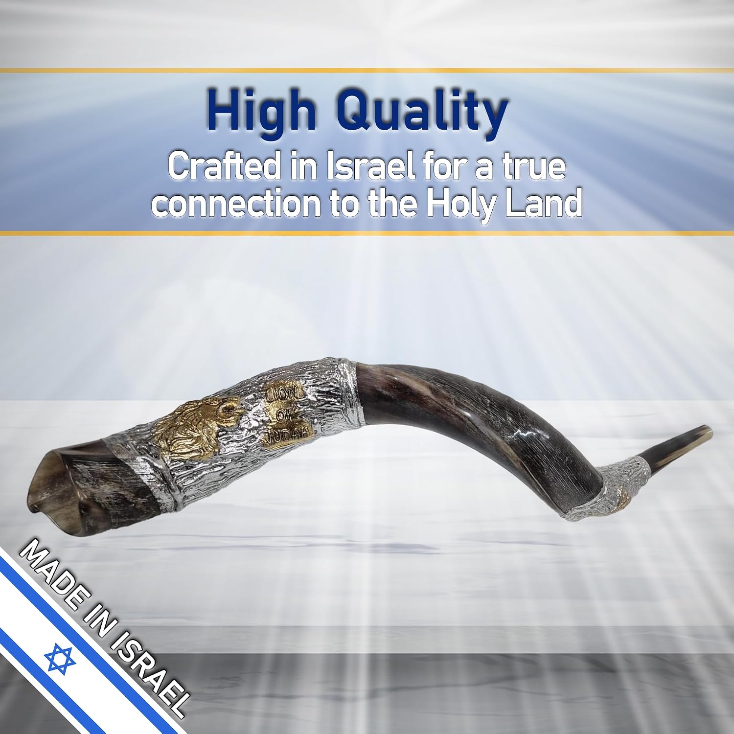 Shofarot Israel Deluxe Set from the Holy Land, Lion of Judah Kudu's Horn (26"-30"), Silver-Plated Yemenite Kudu Shofar + Free Bag
