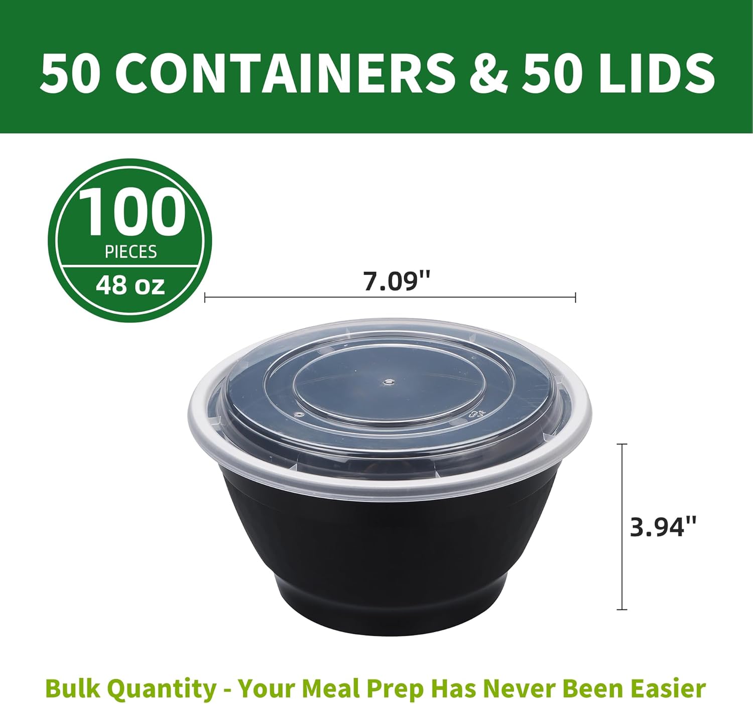 Meal Prep Bowls Containers, 50 Sets 48oz (100-Piece) Plastic Bowls with Lids for Soup Salad, Disposable To Go Food Storage Container, Round Lunch Box, BPA Free, Microwave/Dishwasher/Freezer Safe - Image 2