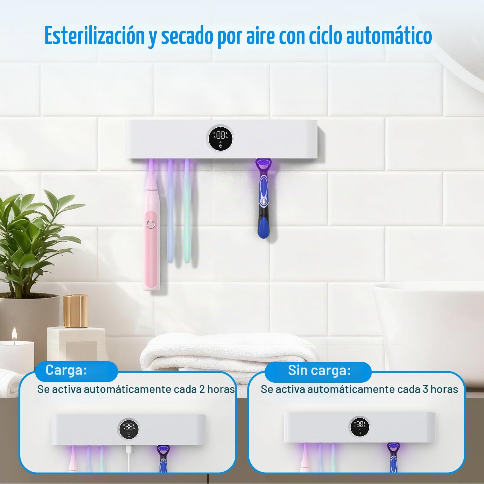 LifeBasis UV-Sanitizer de Cepillos de Dientes con Pantalla LED, Sensor de Infrarrojos, Soporte para Cepillo de Dientes para Desinfección UV y Secado, Cepillo de Dientes Eléctrico de Pared, Recargable