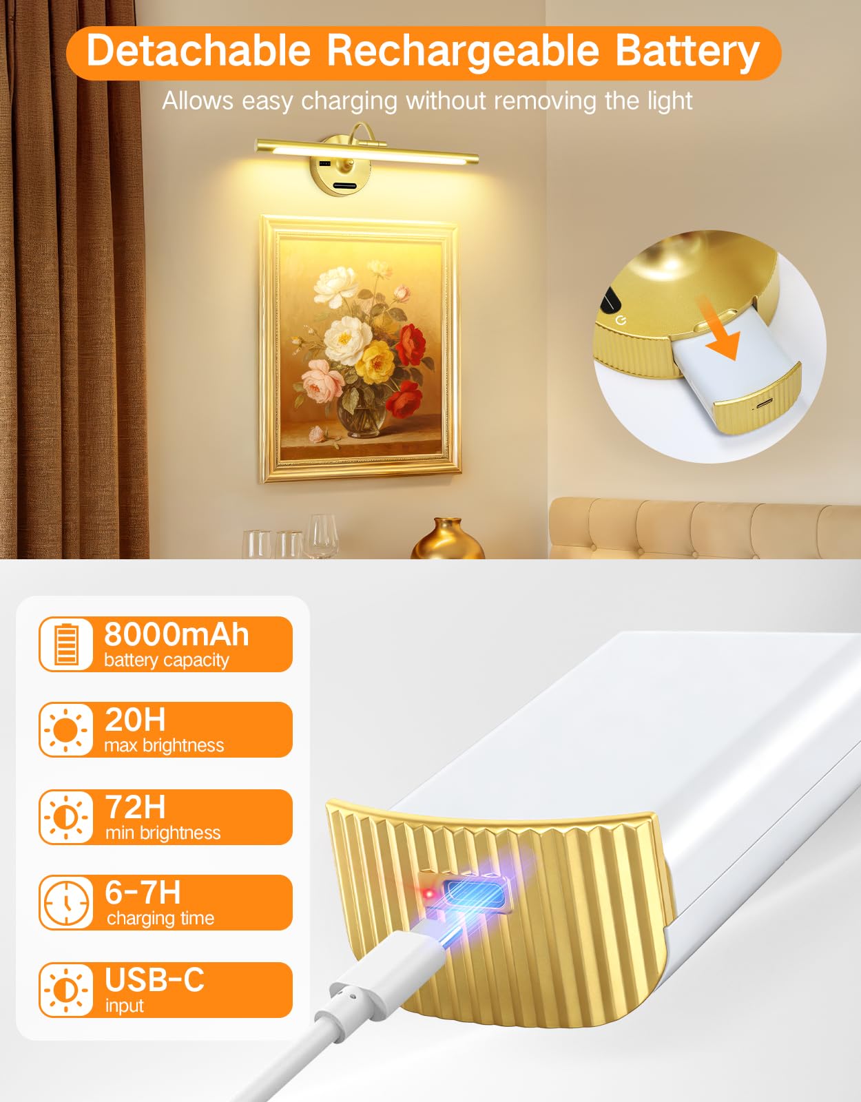 OUTON 42,9 cm wiederaufladbare Bilderleuchte mit Schieberegler, Gold | Fernbedienung, Touch-Steuerung, Timer, Memory Funktion, Akkustandanzeige, abnehmbarer Akku