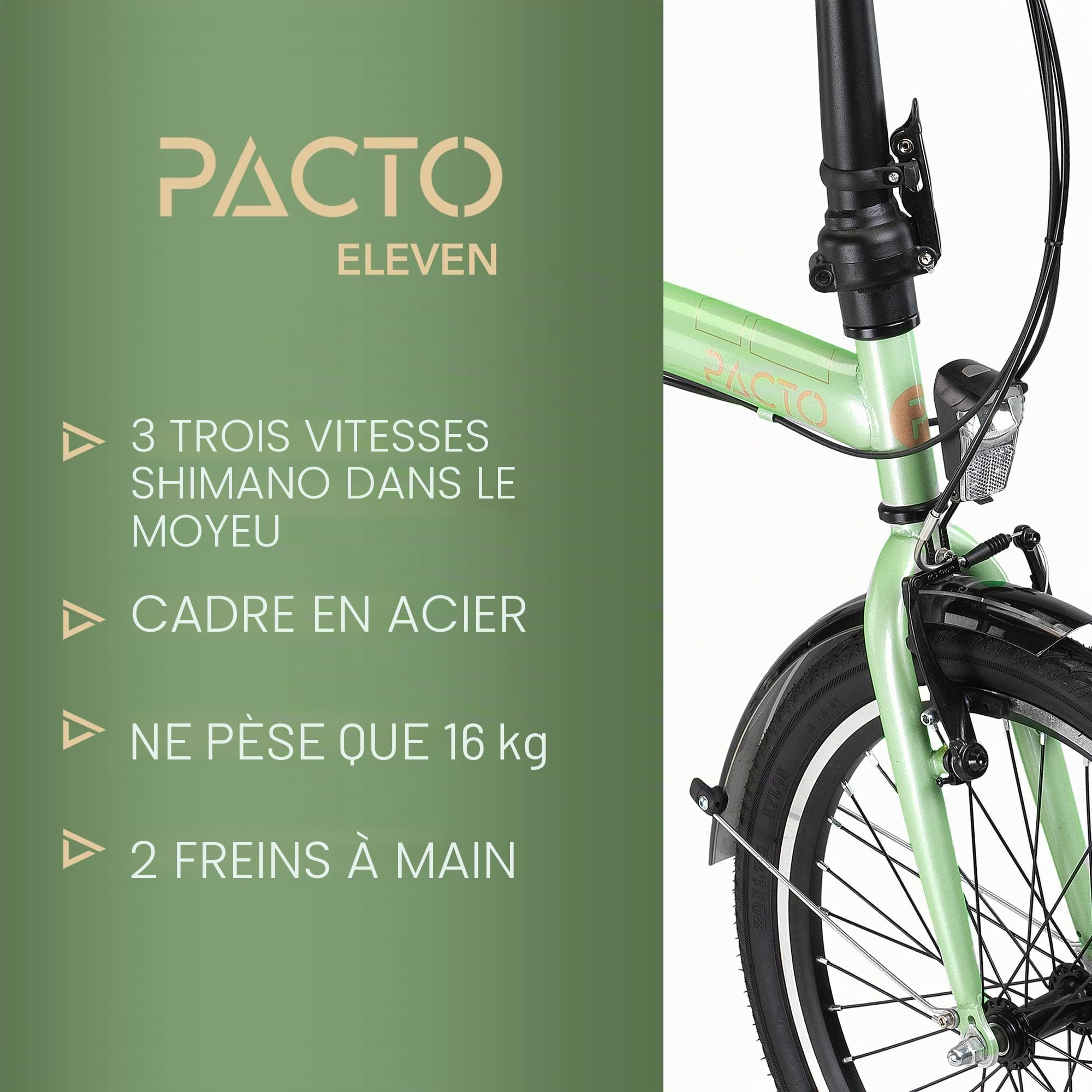 vélo PACTO Eleven pliable de qualité supérieure 27 cm, cadre en acier, Shimano Nexus 3 vitesses, facile à plier en 10 secondes, V-Brakes Folding Bicycle (menthe)
