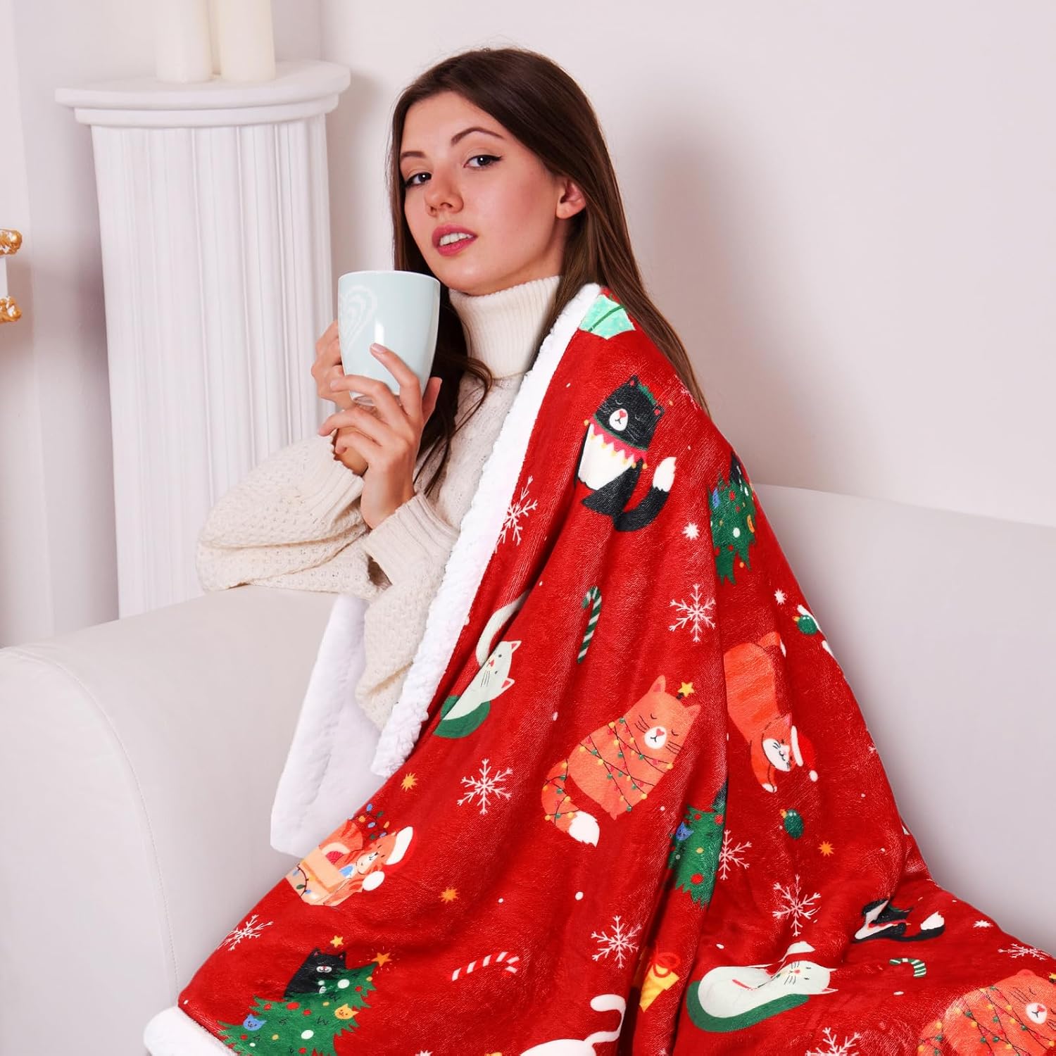 Christmas Throw Blankets 50 x 60 Inch Xmas Sherpa Throw Plush Holiday Flannel Warm Soft Blankets and Throws for Xmas Gift Home Couch Bed Sofa(Red,Cat) - Image 7