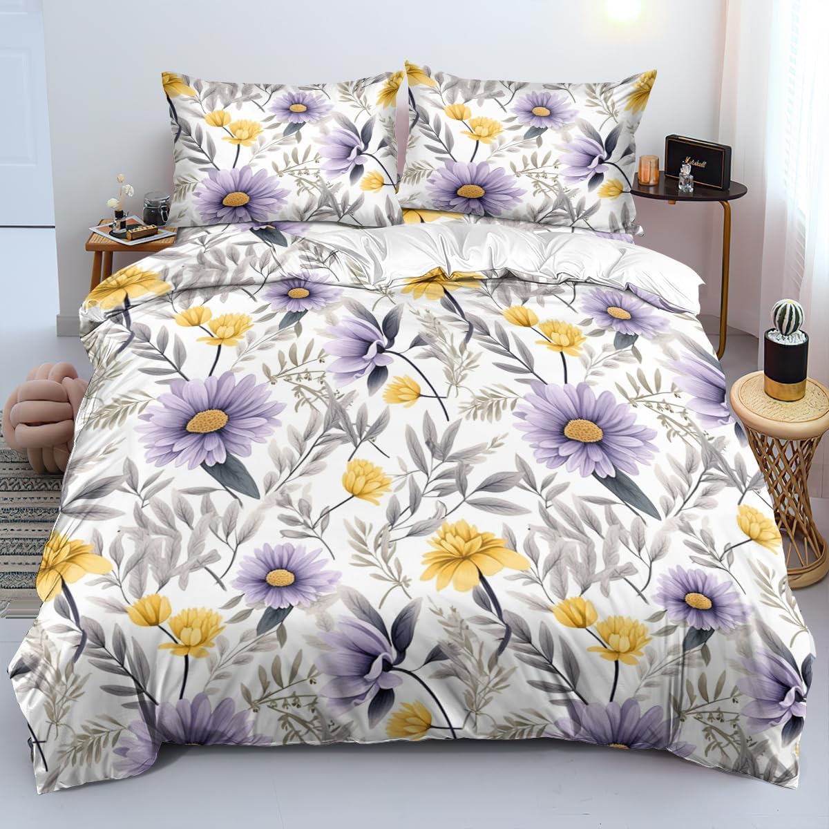 CCoutueChen Purple Yellow Floral Duvet Cover Twin Size Grey Watercolor Botanical Plants Bedding Set for Elegant Women Girls Decor Comforter Cover 2Piece with Zipper Closure Corner Ties