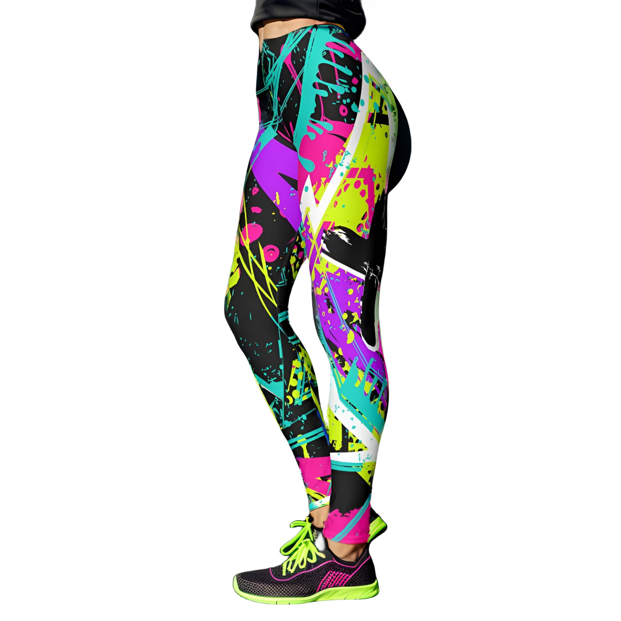 HupplleWomen's 80s Neon Leggings Artistic Splash Printed High Waisted Stretchy Tights Buttery Soft Yoga Sport Workout Pants