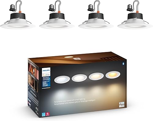 Philips Hue Downlight LED empotrable inteligente de 56 pulgadas, luz blanca cálida a fría, paquete de 4, 1100 lúmenes, para interiores, control con