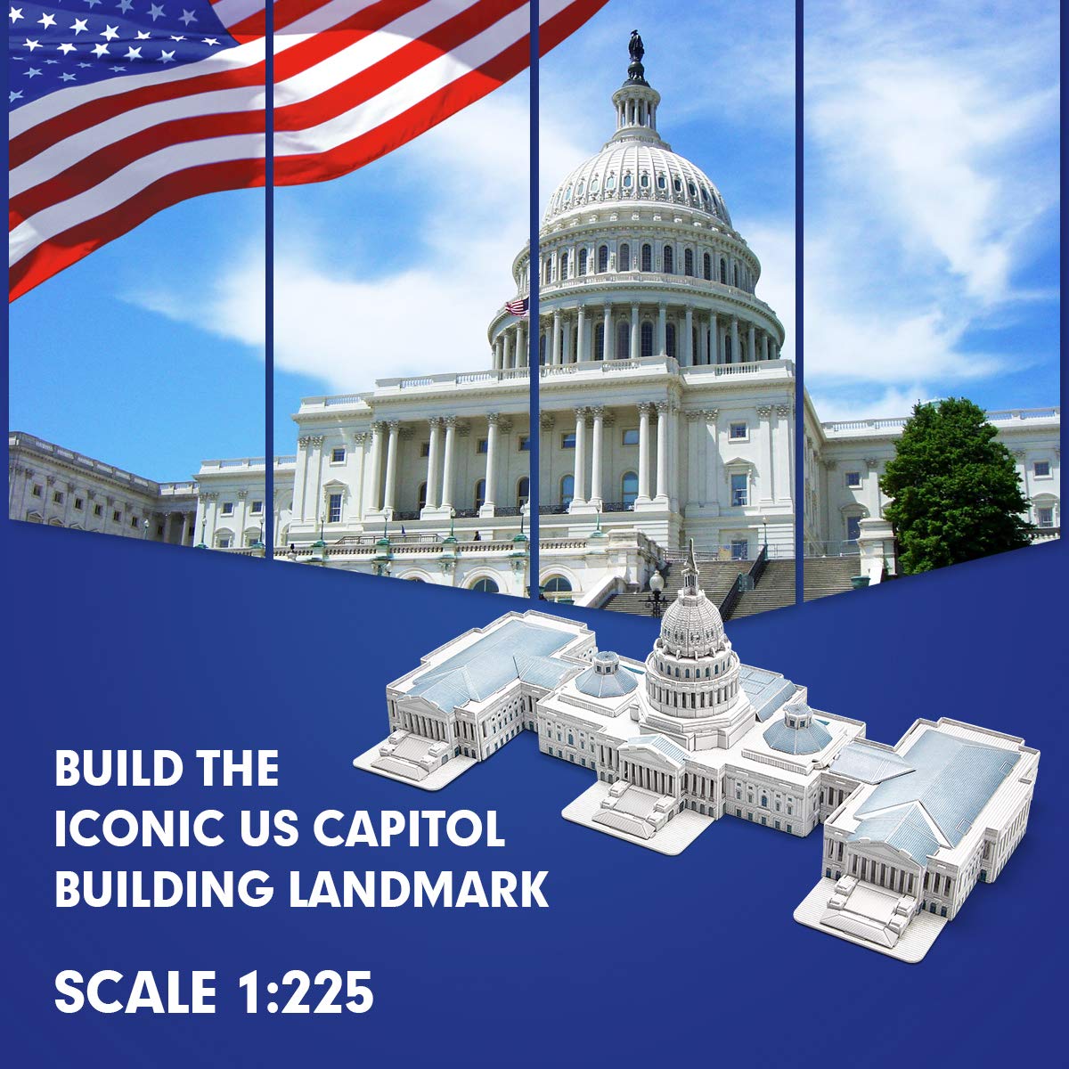 Assembled CubicFun Capitol Hill 3D Puzzle with US flag background