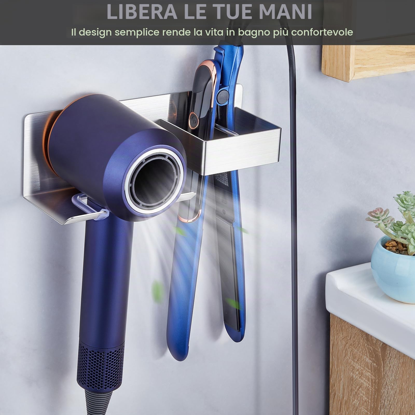 Porta phon e Piastra, Porta Piastra per Capelli, Porta Phon da Muro, Supporto per asciugacapelli da Parete Senza Foratura, Supporto per asciugacapelli e Piastra lisciante in Acciaio Inox