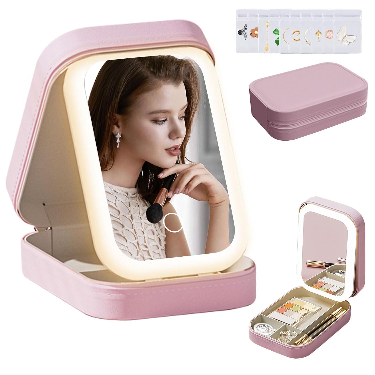 CREWLA LED Lighted Makeup Mirror Jewelry Box – Portable 2-in-1 Travel Organizer with Adjustable Lighting, Cosmetic Storage & Rechargeable Battery – Compact Vanity Mirror for Women (Pink Led Mirror)-image-19
