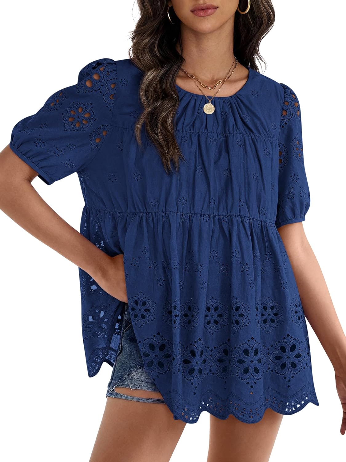 COCCKO Women's Embroidered Eyelet Crochet Blouse - Short Sleeve Scoop Neck Pleated Babydoll Top, Dressy Casual Summer Shirt