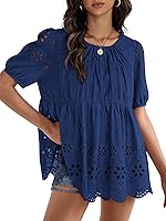 COCCKO Women's Embroidered Eyelet Crochet Blouse - Short Sleeve Scoop Neck Pleated Babydoll Top, Dressy Casual Summer Shirt