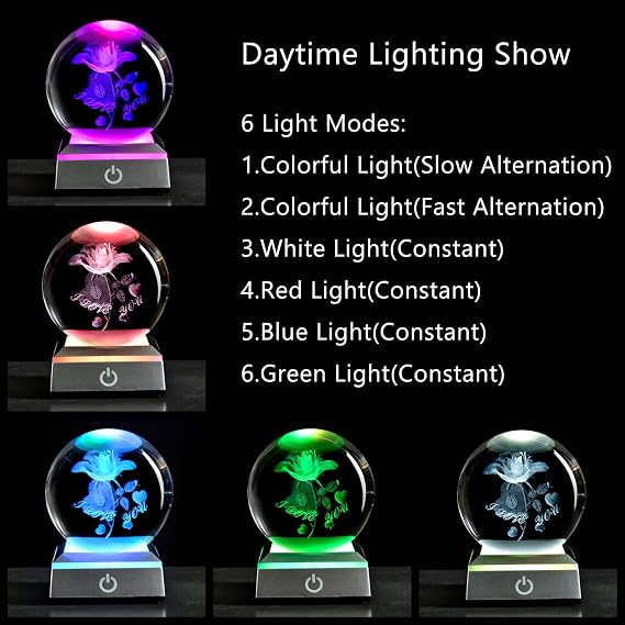 3D Laser Etched Rose Crystal Ball, I Love You Decor Glass Sphere Lamp Night Light, Crystal Rose Flower Figurines Collectibles Gifts for Mom Kids Women Girls