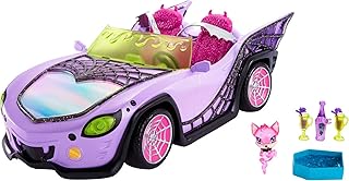 Monster High Toy Car, Ghoul Mobile with Pet and Cooler Accessories, Purple Convertible with Spiderweb Details Large
