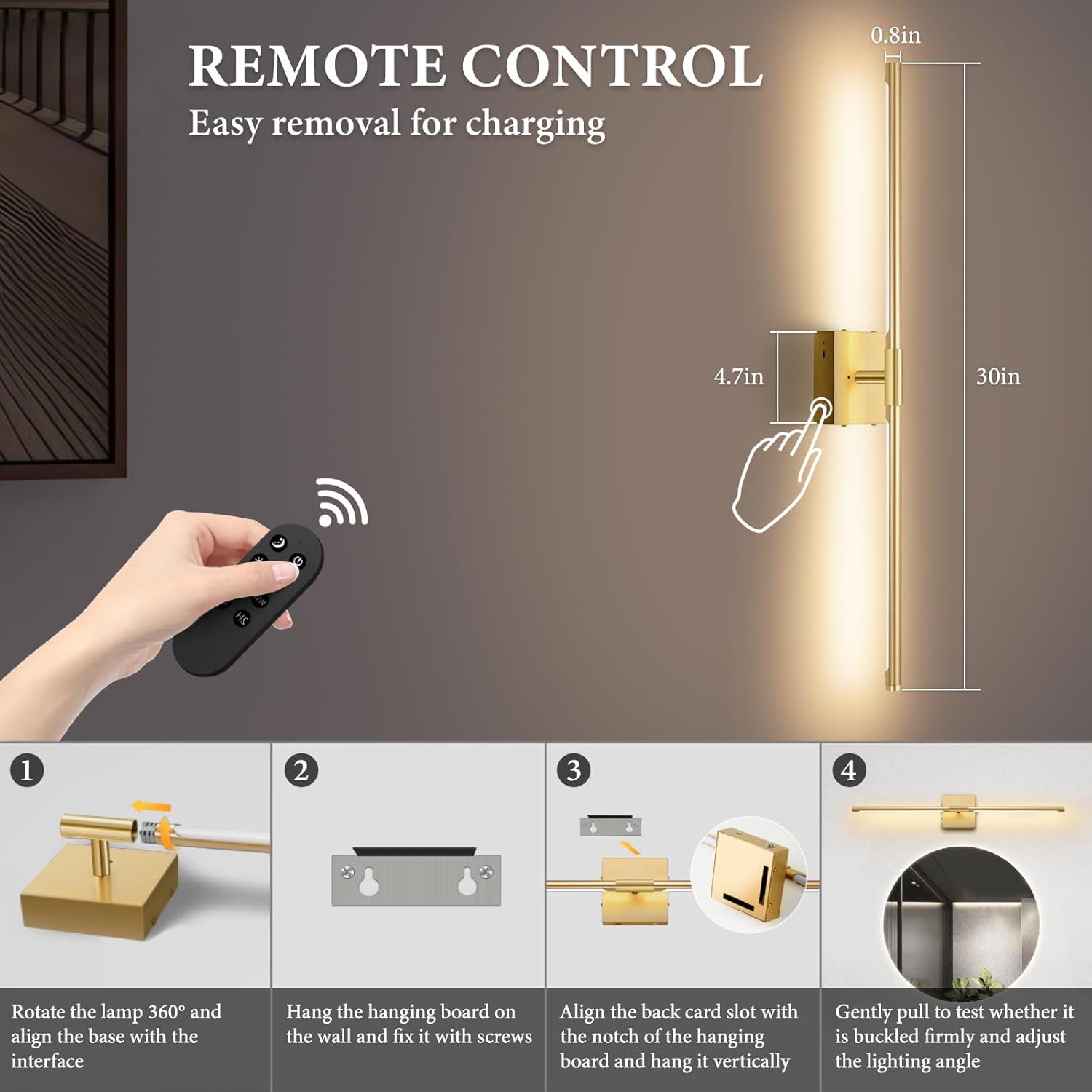 SAIMAND Wireless Sconces Set of 2 Battery Operated,8000mAh USB Rechargeable Wall Light with Remote Control,3000K-6000K LED Dimmable Wall Lamp for Living Room, Hallway, Bedroom (Gold)