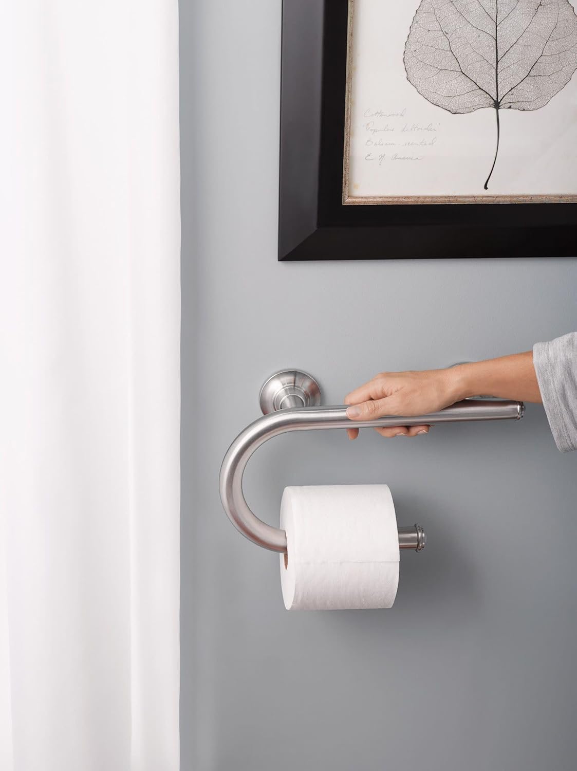 Moen Brushed Nickel Bathroom Safety 8-Inch Wall Mounted Grab Bar with Integrated Toilet Paper Holder, LR2352DBN