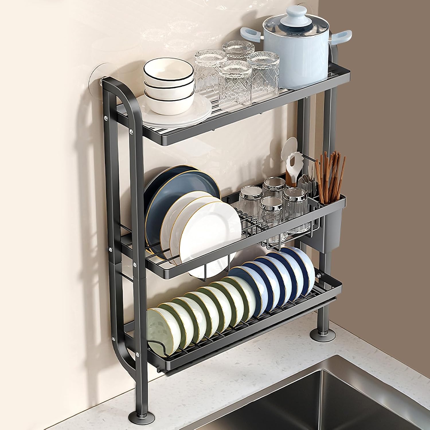 Dish Drying Rack Over The Sink 3 Tier Carbon Steel Kitchen Sink Organizer with Suction Cup Feet and