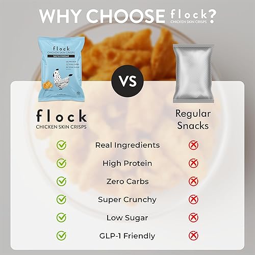 Vista 12 de Chips Flock keto de piel de pollo, 100% pollo real, bajo en carbohidratos, alto contenido en proteínas, sin azúcar, sin gluten, porción individual