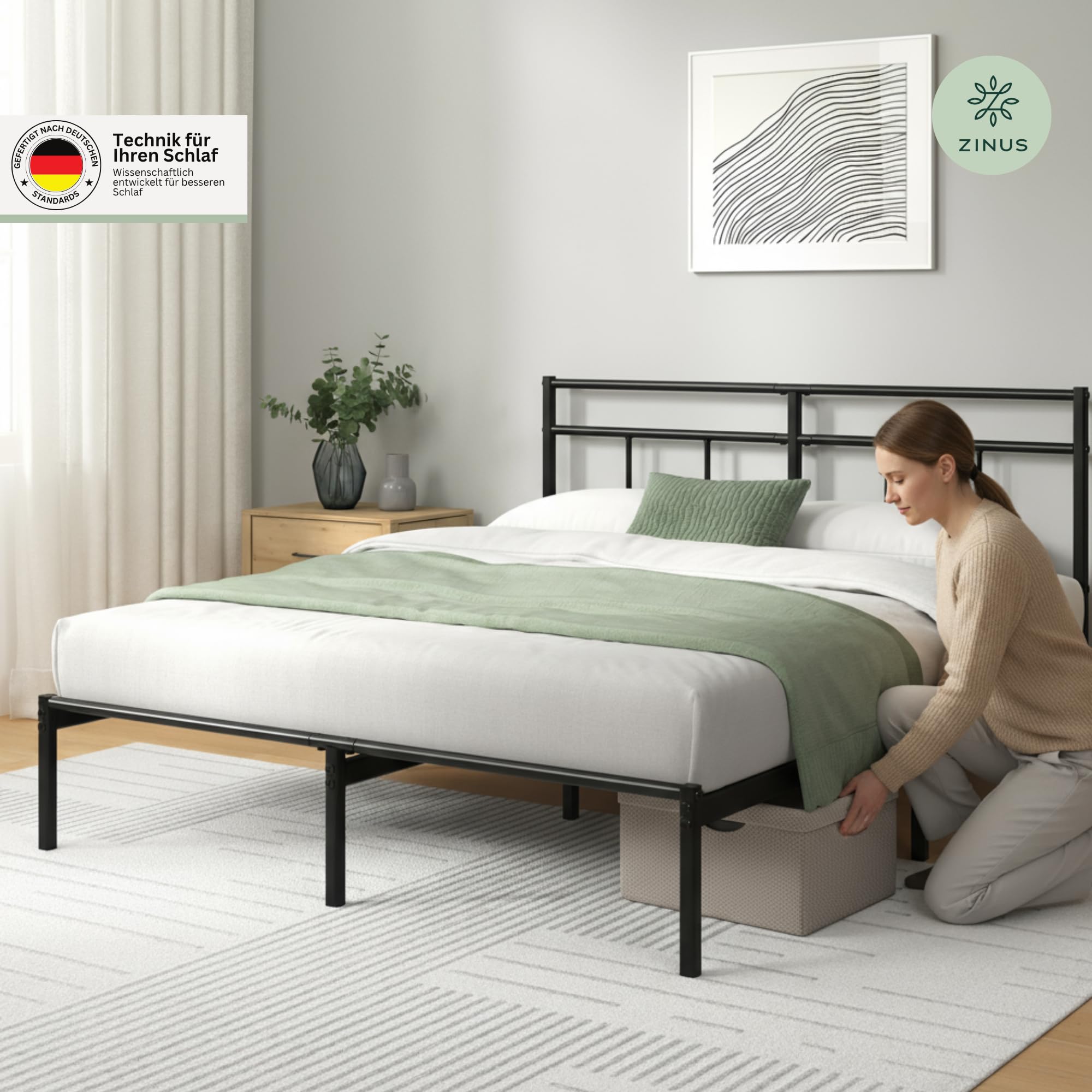 Zinus Elias Bettgestell 140x200 cm mit Vintage Kopfteil - Metallbett 140x200 mit Metall-Lattenrost - 30 cm Hohe Plattform mit Freiraum Darunter - Kein Boxspringbett Erforderlich - Schwarz