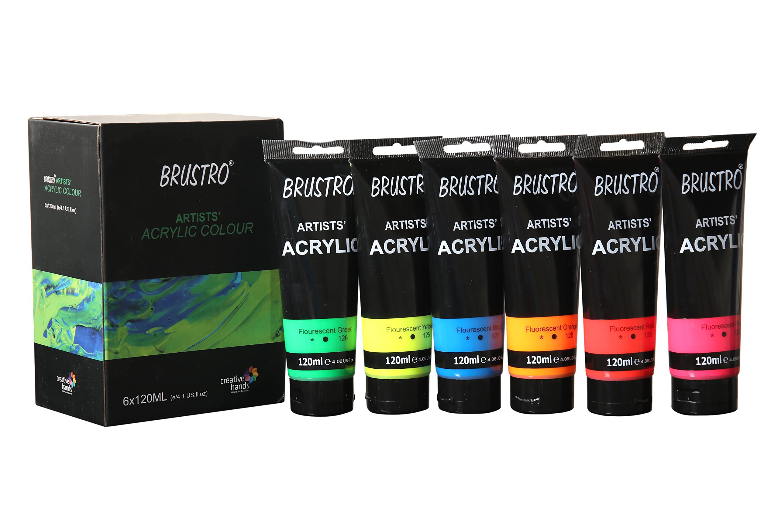 BRUSTRO Künstler-Acryl, 120 ml, 6 Stück fluoreszierende Farbtöne (Rot, Rosa, Orange, Blau, Grün und Gelb)