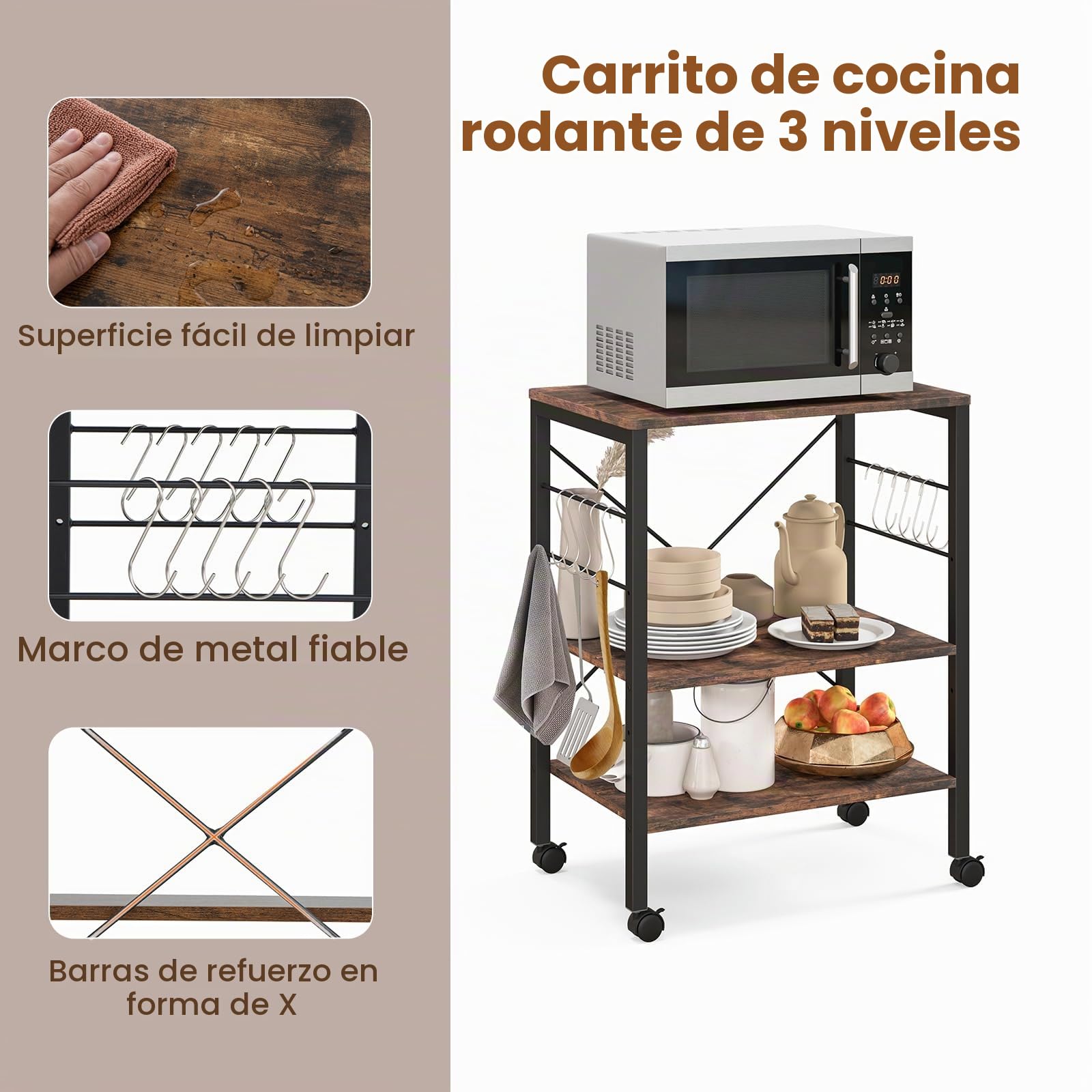 KOMFOTTEU Carrito de Cocina de 3 Niveles con Ruedas, Carro de Servicio con Estantes Ajustables, Carro Auxiliar con 10 Ganchos en S, Estantería para Microondas con Marco de Metal (Marrón)