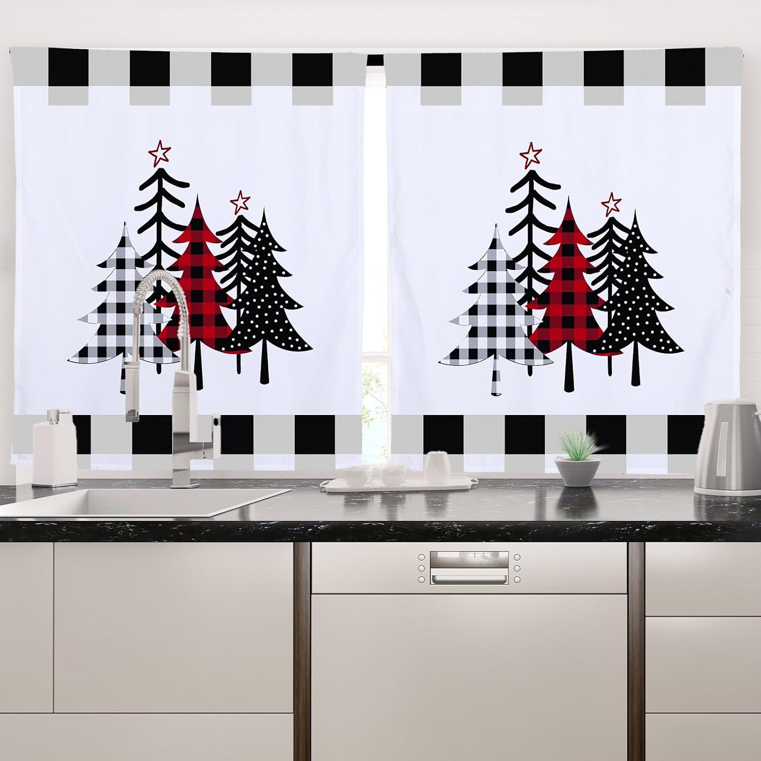 Ganeen 3 Piece Christmas Kitchen Curtain Set Kitchen Window Tier Curtains and Valance Buffalo Plaid Curtains Black and White Curtain Polyester Farmhouse Christmas Decoration