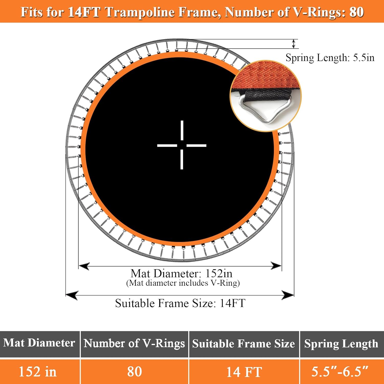 Trampoline Mat Replacement, Dia:152", Fits 14ft Frame, with 80/72/88 V-Rings for Choose and Spring Tool, Fits 5.5" Springs, Reinforce, UV-Resistant