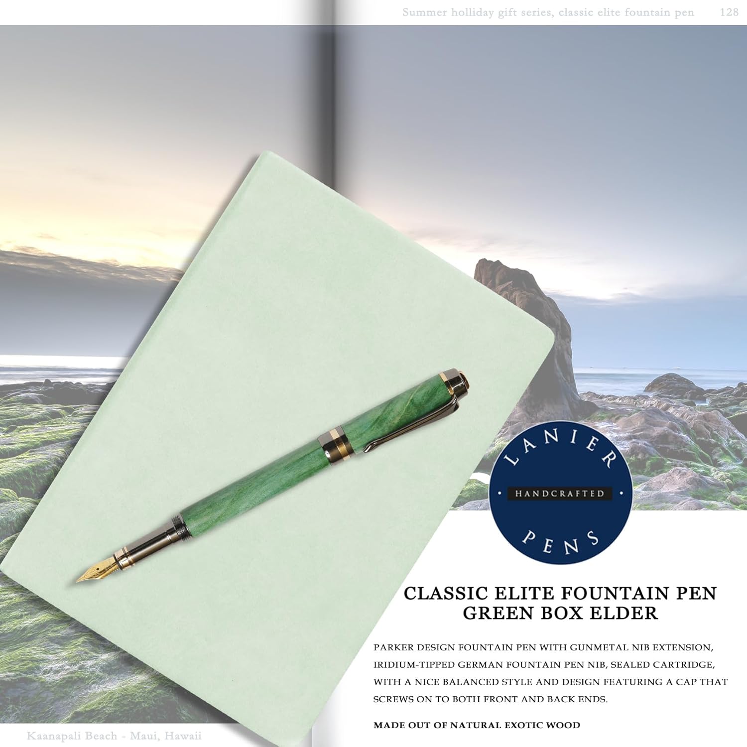 Lanier Pens Elite Fountain Pen – Green Box Elder with Gun Metal Plating – Luxury Handcrafted for Men & Women – Compatible with Fountain Pen Ink