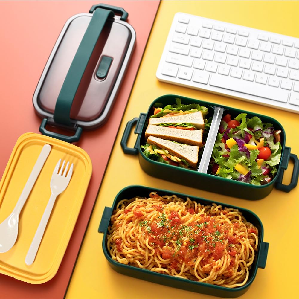 Lunch Box Kit, 1600ml Ermetico Porta Pranzo con Borsa Termica, Schiscetta Pranzo Microonde Contenitore Pranzo per Adulti Ufficio Picnic Scuola(Verde)