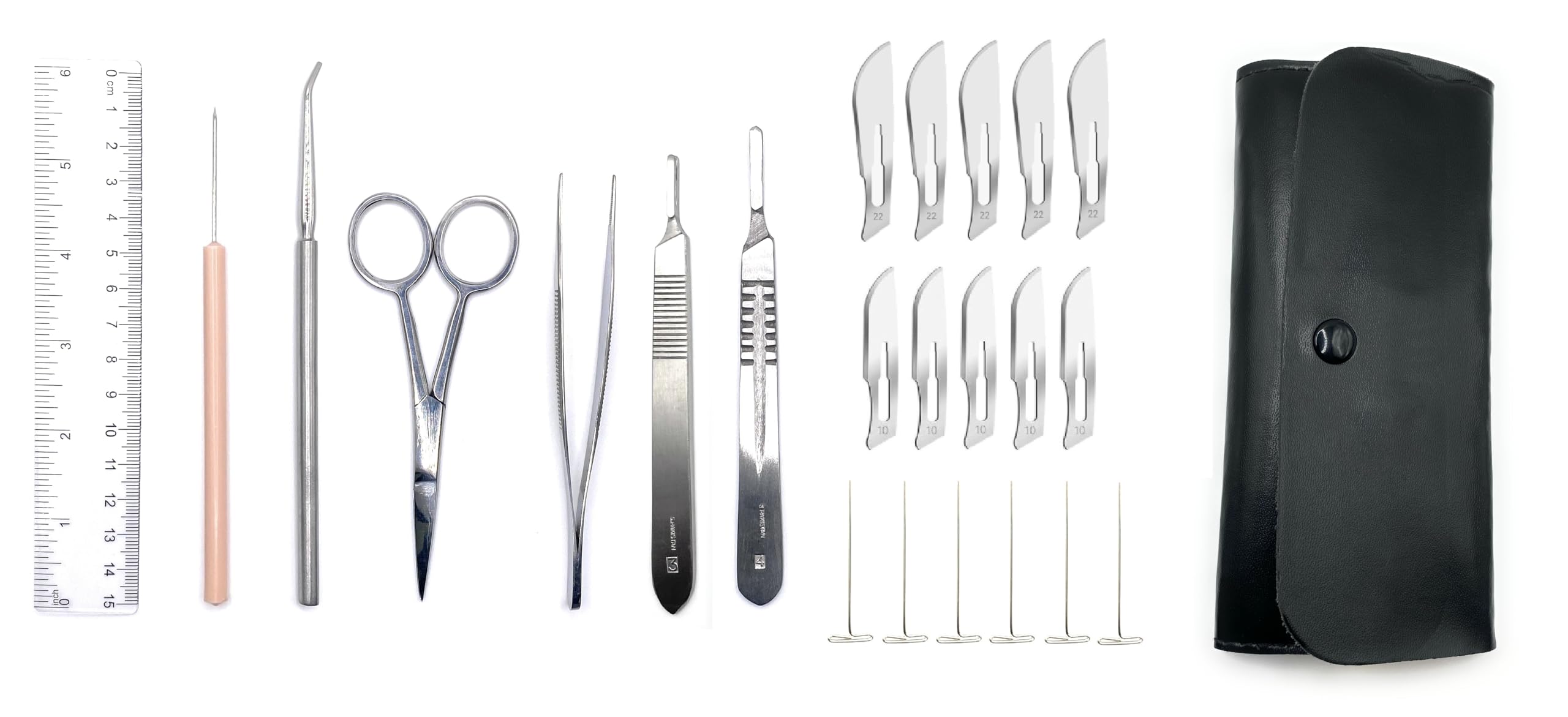24 Piece Dissecting Kit Including Scissors, Forceps, Scalpel, Teasing Needle, and Probe in Leatherette Case for Anatomy Lab, Biology, Medical Students, and General Dissection
