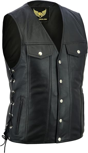 Leatherick Men's Denim Style Unisex Genuine Leather Motorcyclist Vest with Side Tips and Chrome Buttons Black
