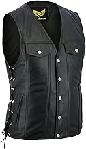 Leatherick Unisex Genuine Leather Biker Waistcoat with Side Ties and Chrome Buttons Denim Style