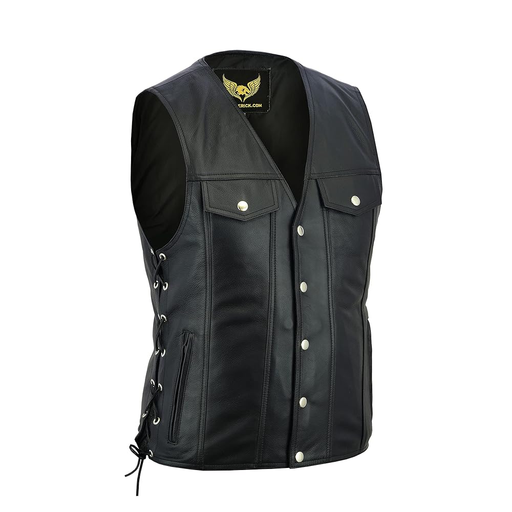 Gilet In Vera Pelle Uomo - Gilet Biker Classico Nero Con Lacci Regolabili